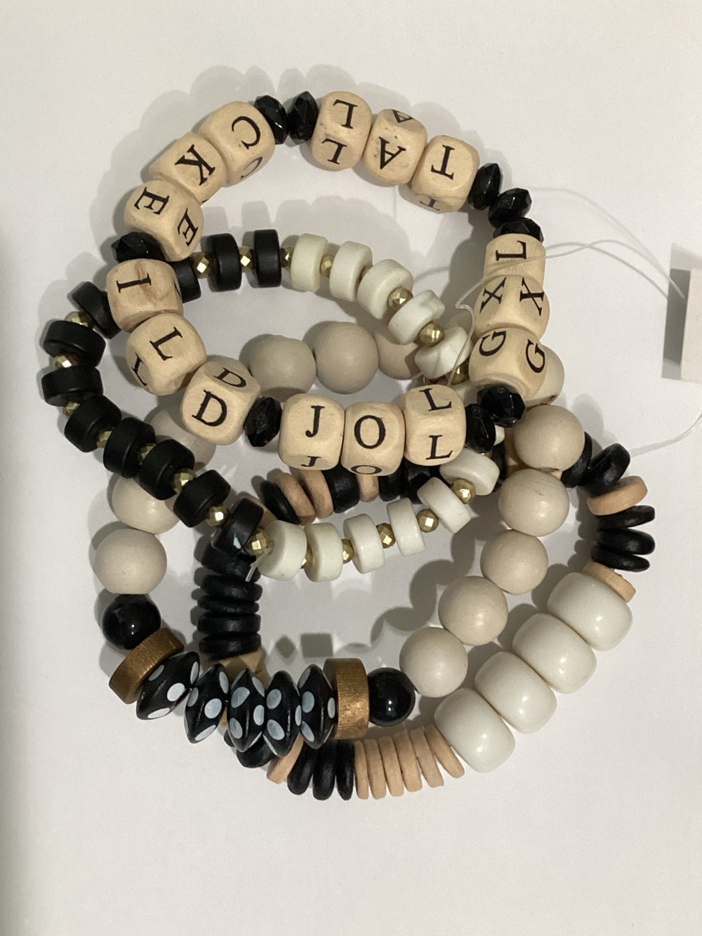 Plunder Black, Cream & Tan Wood Bead Letter Bracelet Set